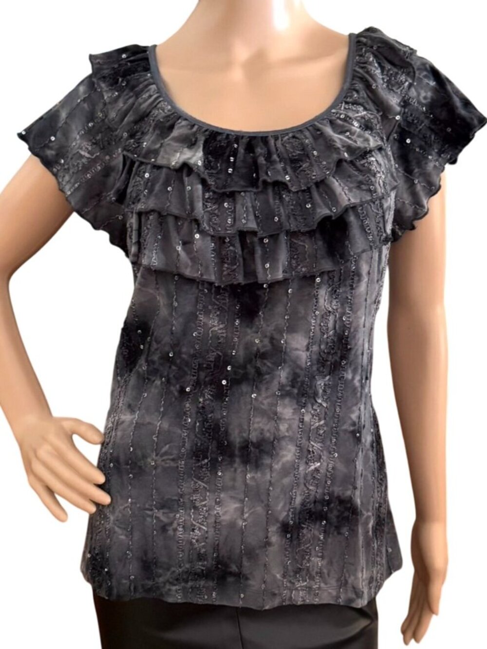 Sami & Jo Womens Sequin Blouse Tiered Ruffle Scoop Neck Short Sleeve Gray Size L